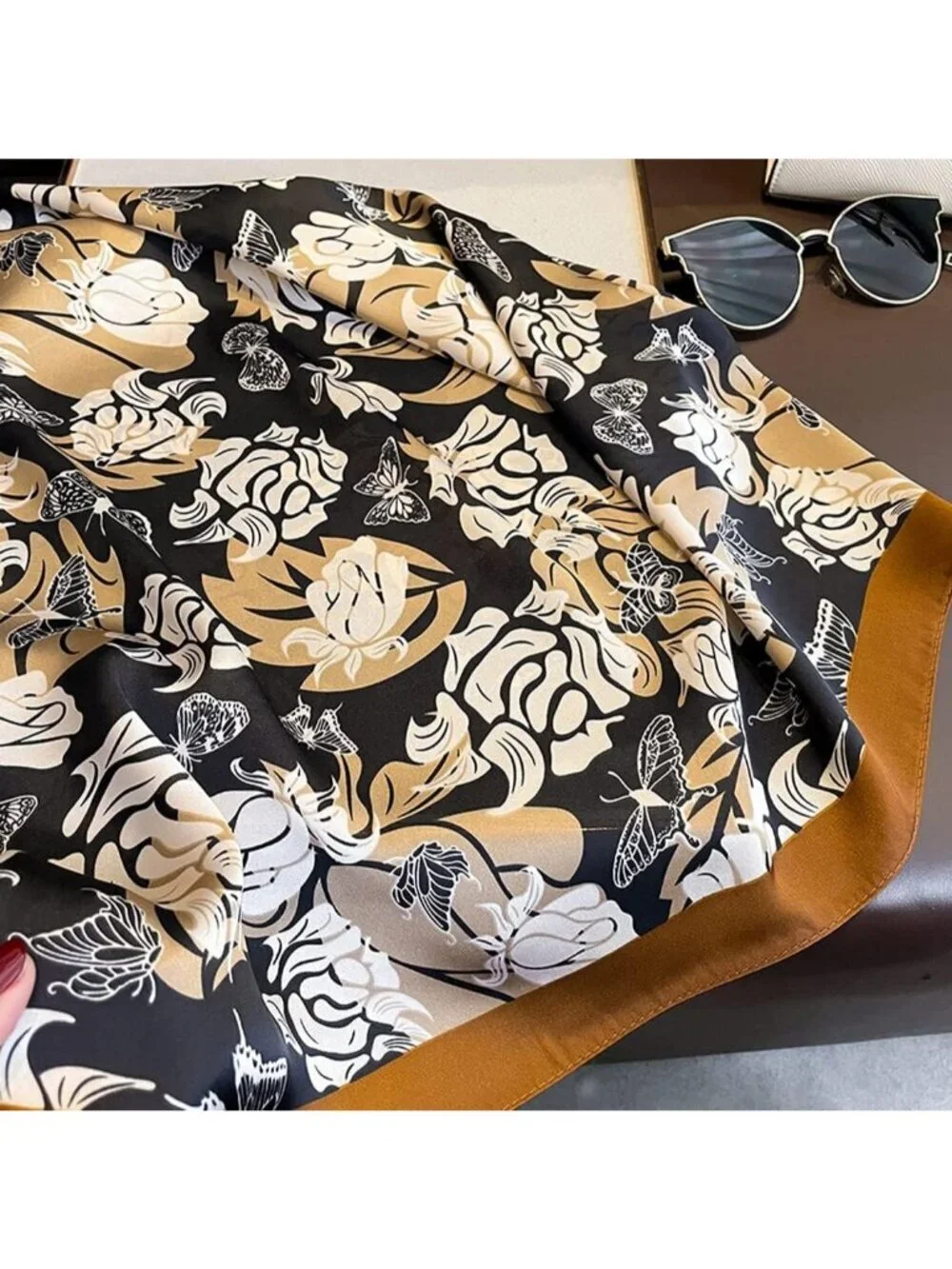 Women's White Brown Lightweight Silk Scarves Flower Print Head Cotton Wrap Scarf